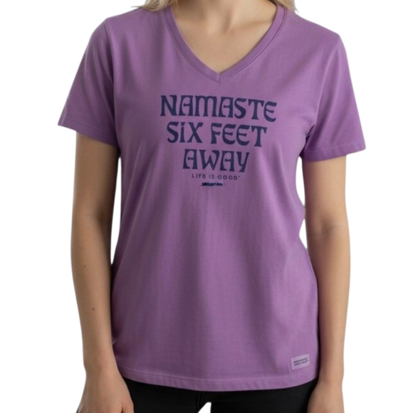 Life is Good Namaste Six Feet Away V-Neck Tee - Size Small - Picture 1 of 7